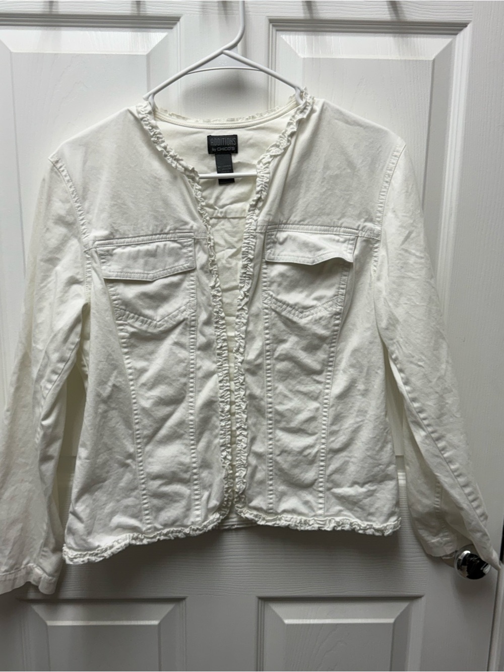 Chico's White Ruffle-Trim Denim-Style Jacket